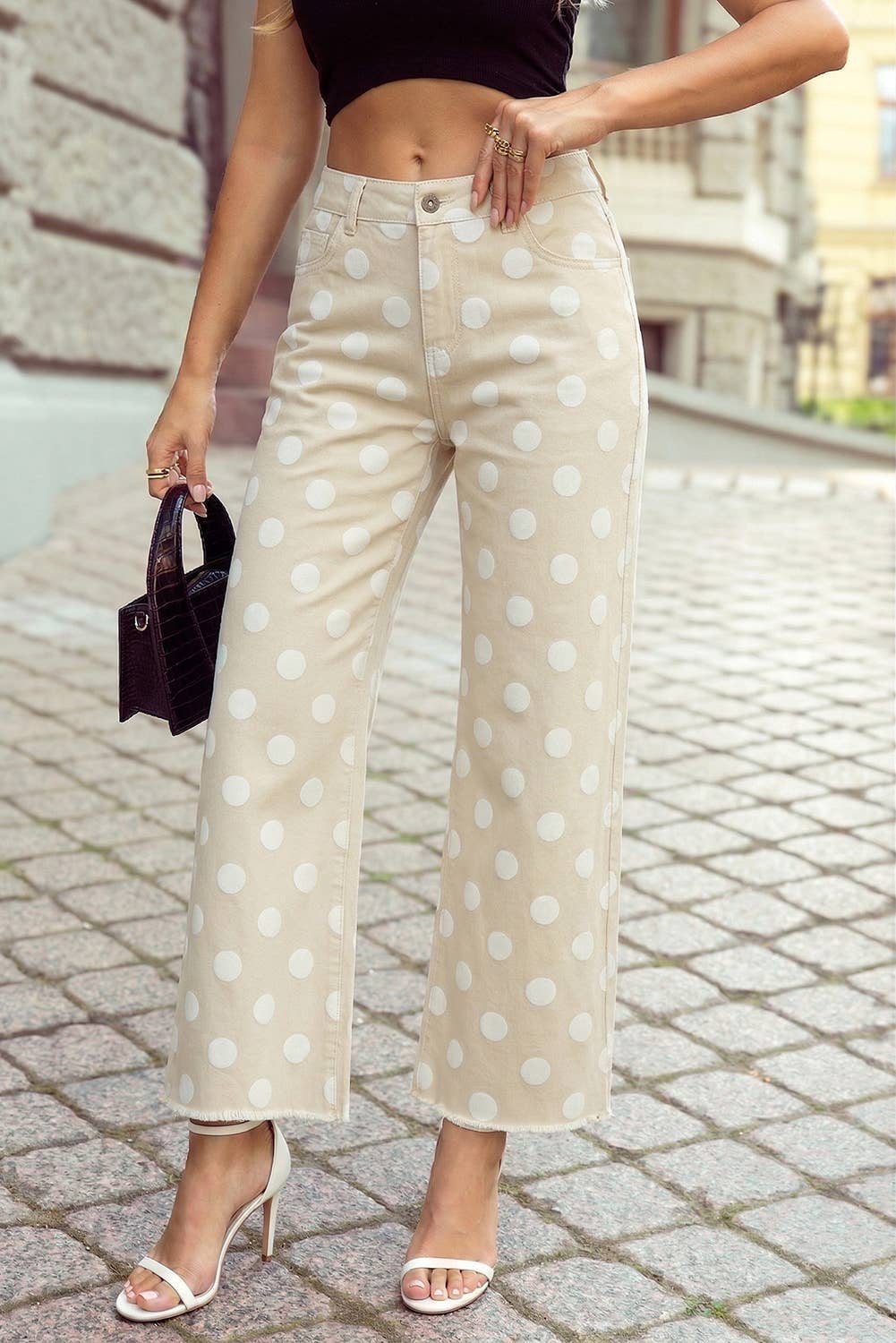 Leopard /Polka Dot Frayed Edge Wide Leg High Waist Jeans: Khaki Polka Dot