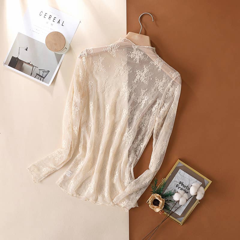 Floral Lace Sheer Mesh Layering see through Top: Beige