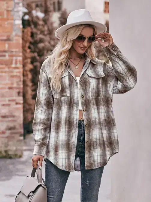 Plaid Shacket Women Oversized Button Down Shirt
