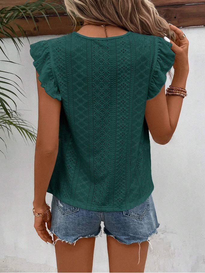 Eyelet Lace Ruffle Sleeve Summer Blouse Women: Malachite Green