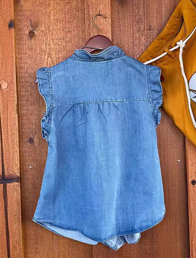 Ruffle Sleeve Denim Blouse: BLUE