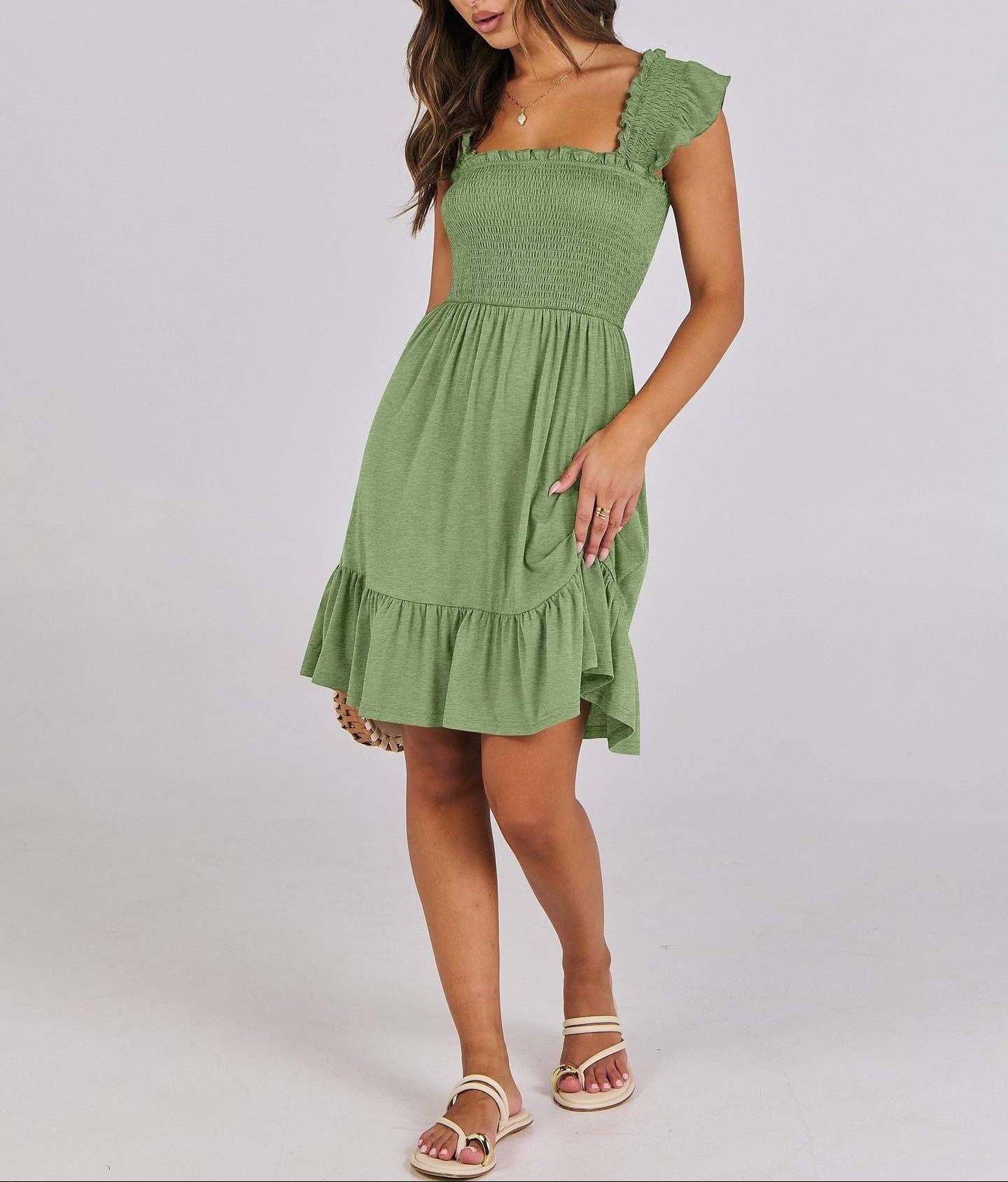Smocked Square Neck Ruffle Sleeve Midi Dress: Bean Green
