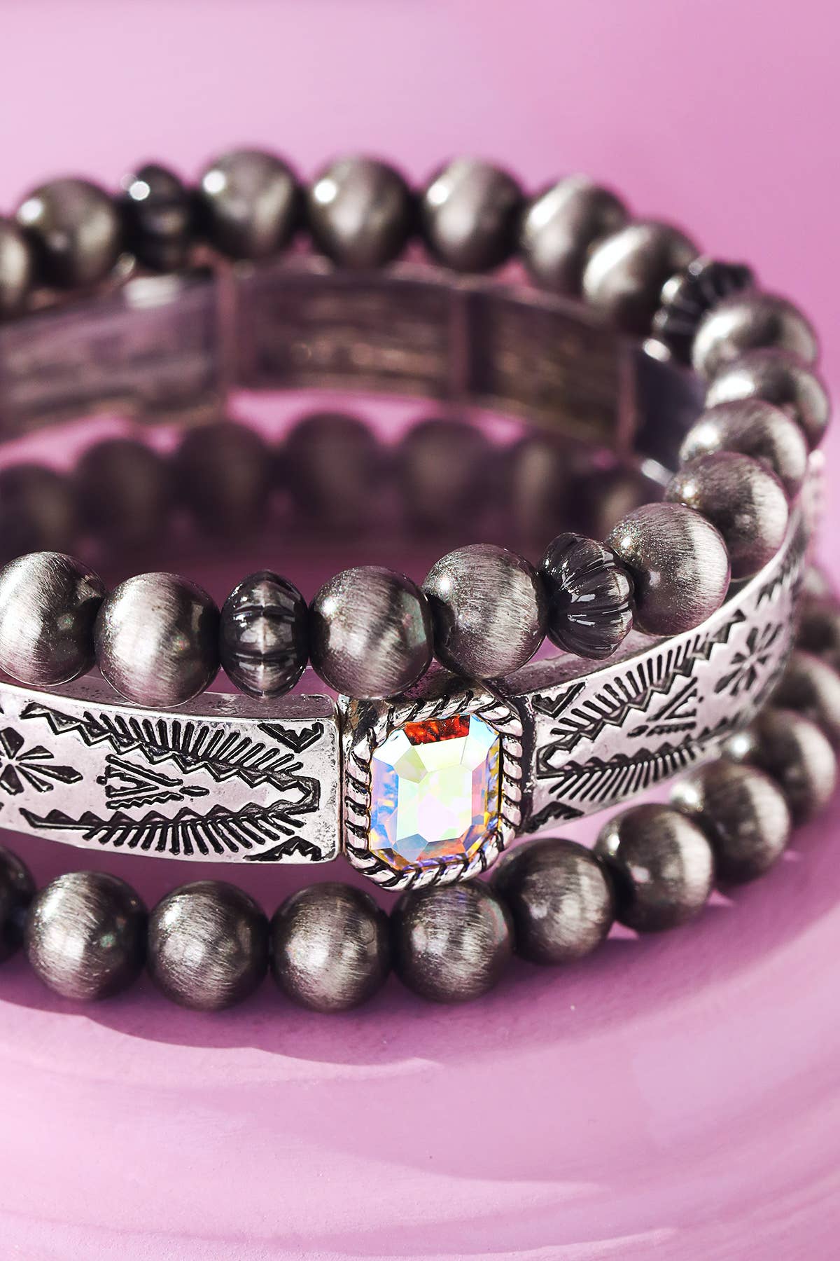 3 Layered Navajo and Glass Stone Stretch Bracelet: SILVER(SBAB)