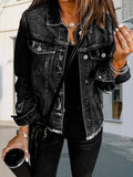 Women's Distressed Raw Hem Long Sleeve Denim Jacket: Dark gray