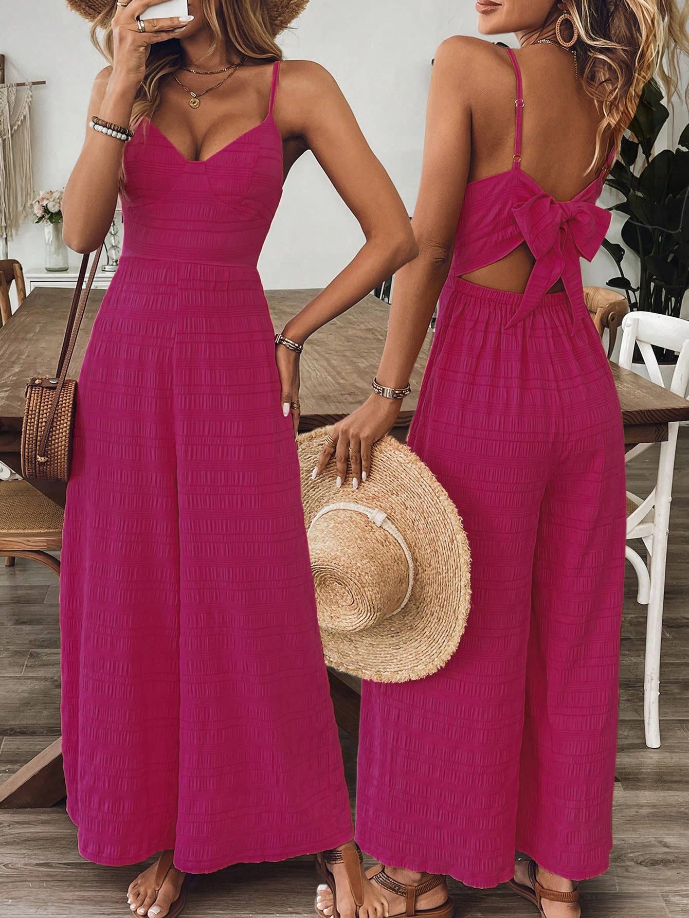 Fashionable Bow Backless Suspenders Wide Leg Jumpsuit: RoseRed