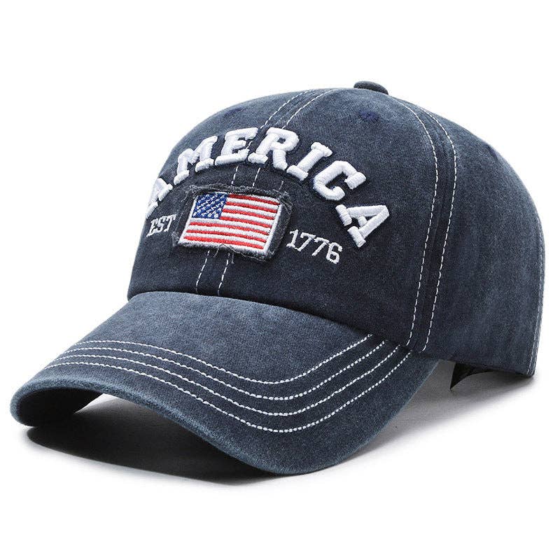 Vintage America Flag Embroidered Baseball Cap: Blue / ONE SIZE