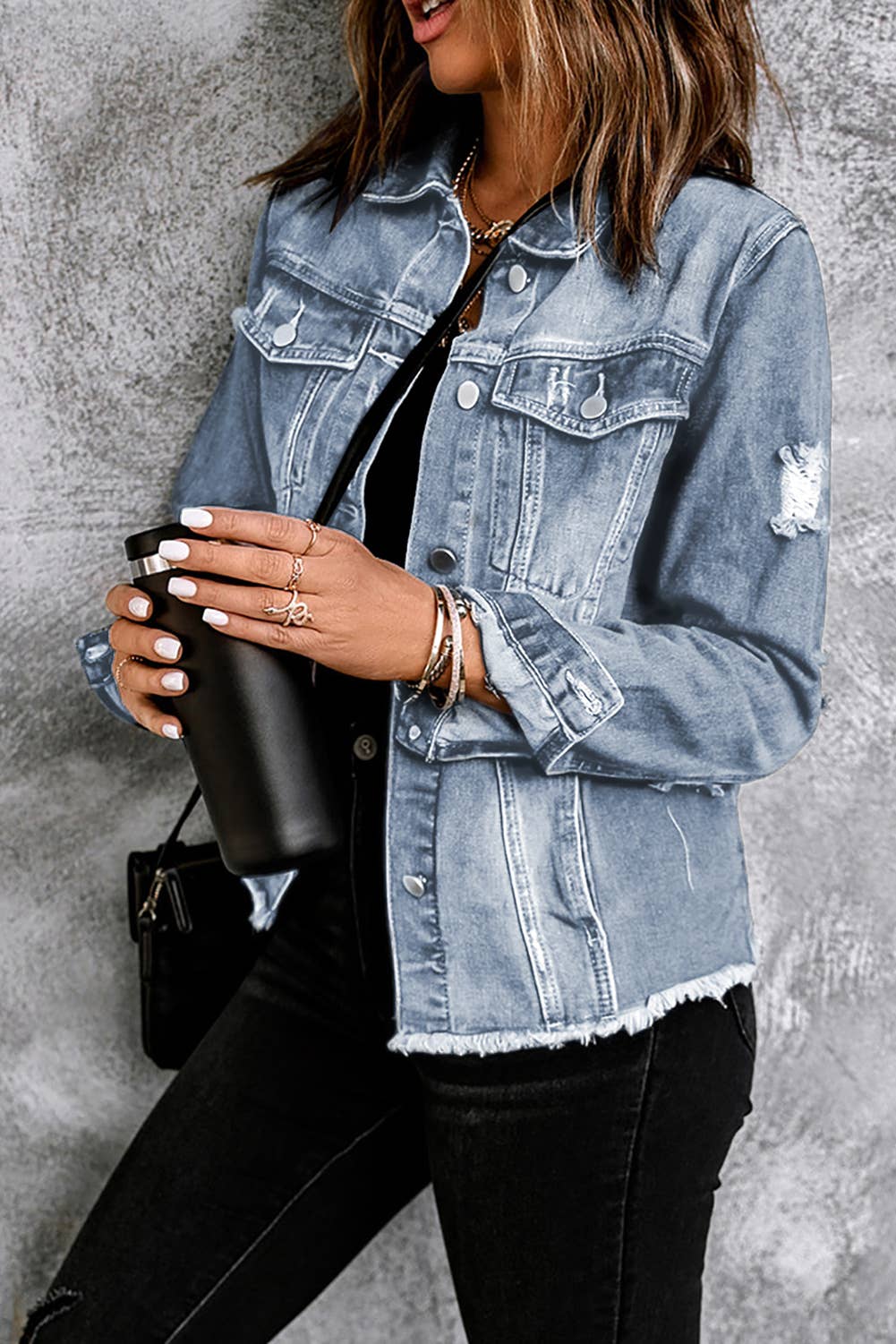 Lapel Distressed Raw Hem Buttons Denim Jacket: Sky Blue