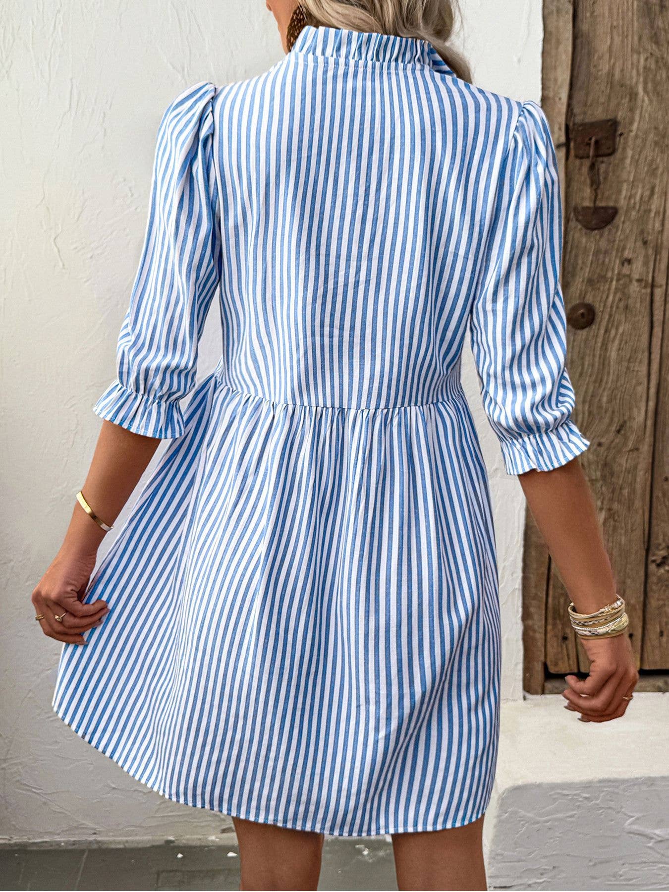 Lace Summer Vertical Stripe Shirt Dress: Blue