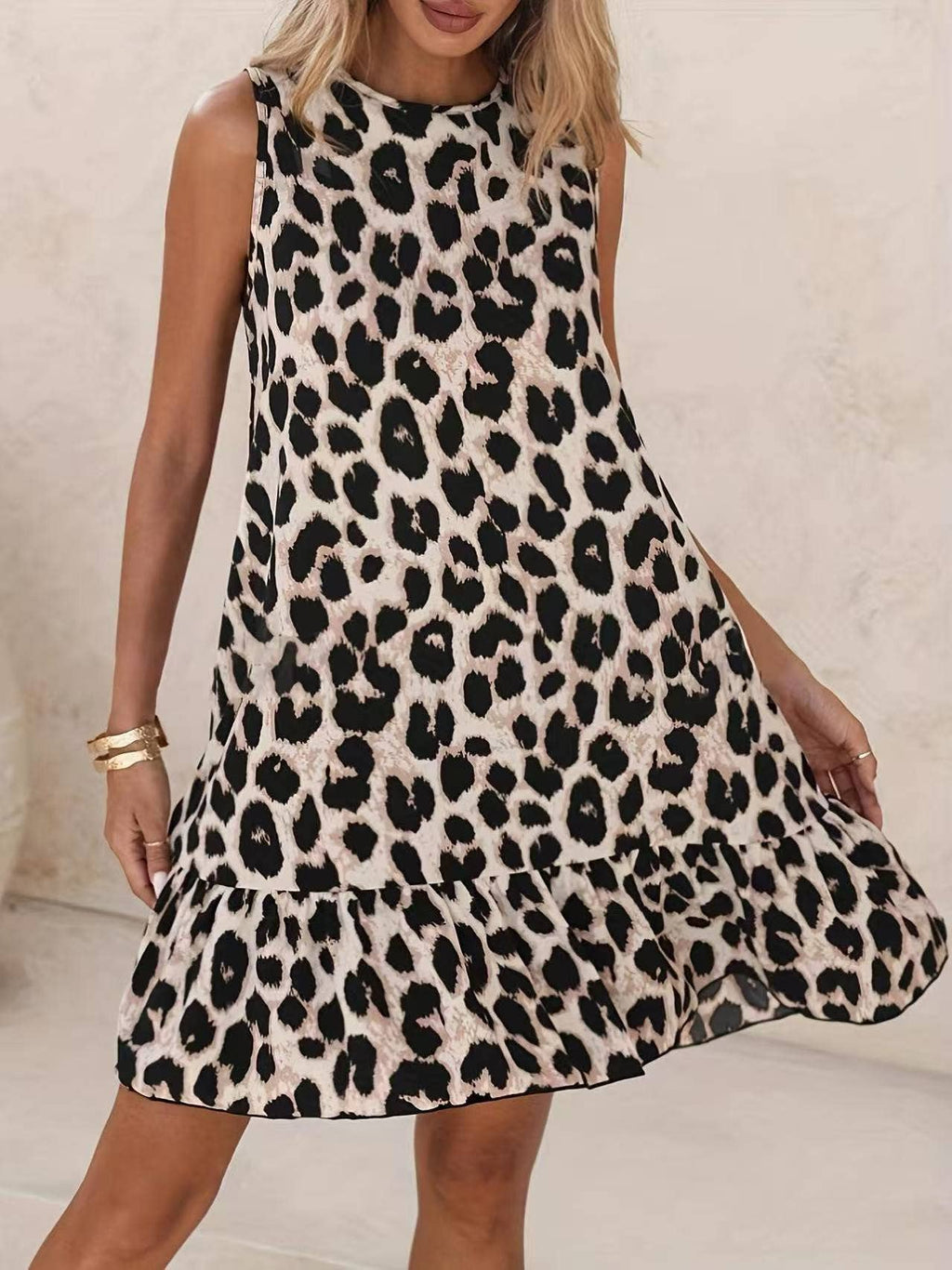 Sleeveless Leopard Print Slim Summer Vest Dress: Off white
