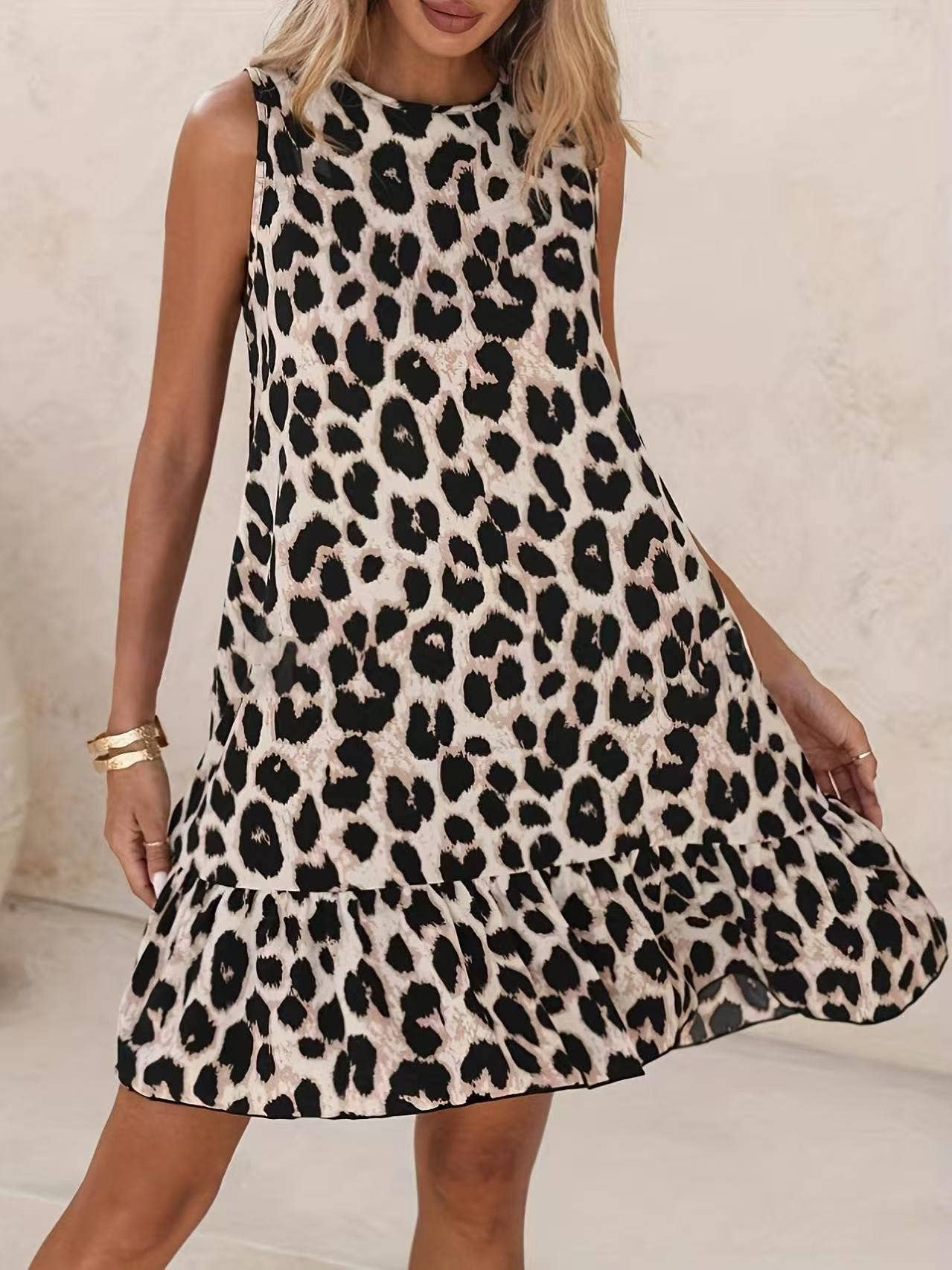 Sleeveless Leopard Print Slim Summer Vest Dress: Off white
