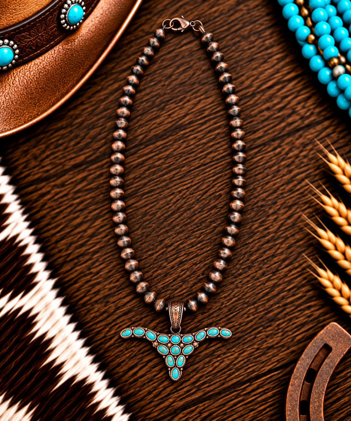 Turquoise oxen head with copper beadwork