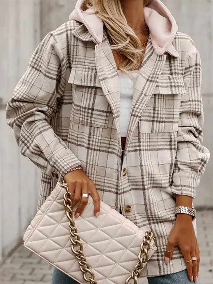 Khaki Plaid Shirt removable Hood Buttoned Shacket: Khaki