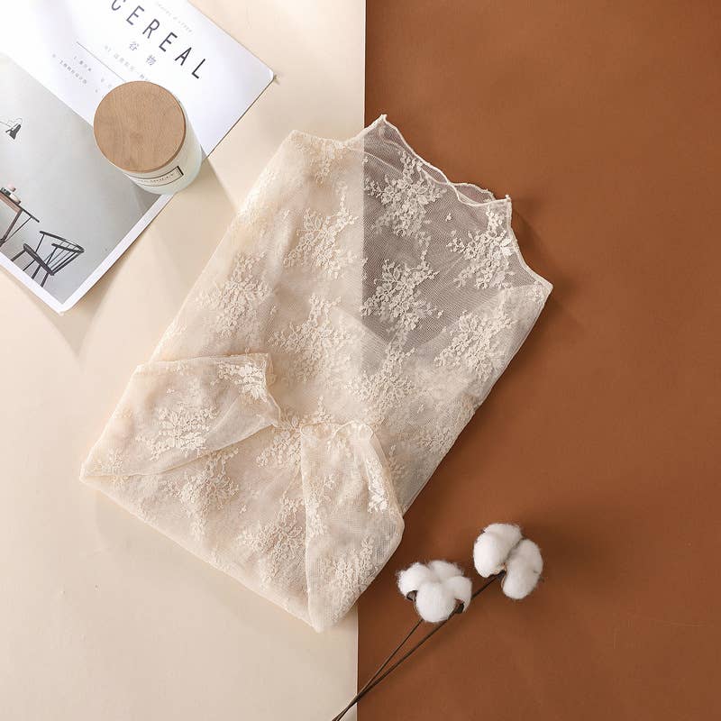 Floral Lace Sheer Mesh Layering see through Top: Beige