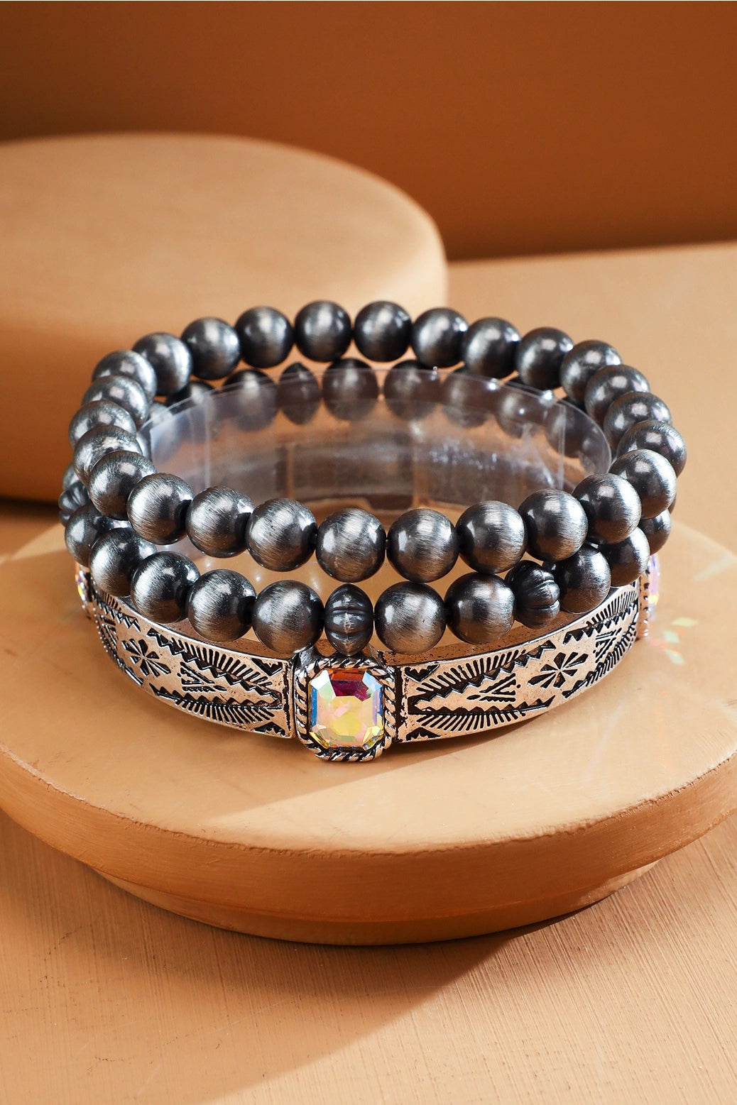 3 Layered Navajo and Glass Stone Stretch Bracelet