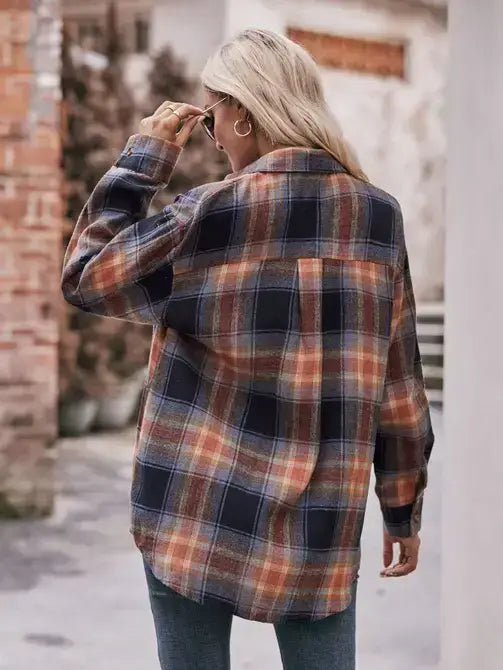 Plaid Shacket Women Oversized Button Down Shirt: Khaki / 100%Polyester