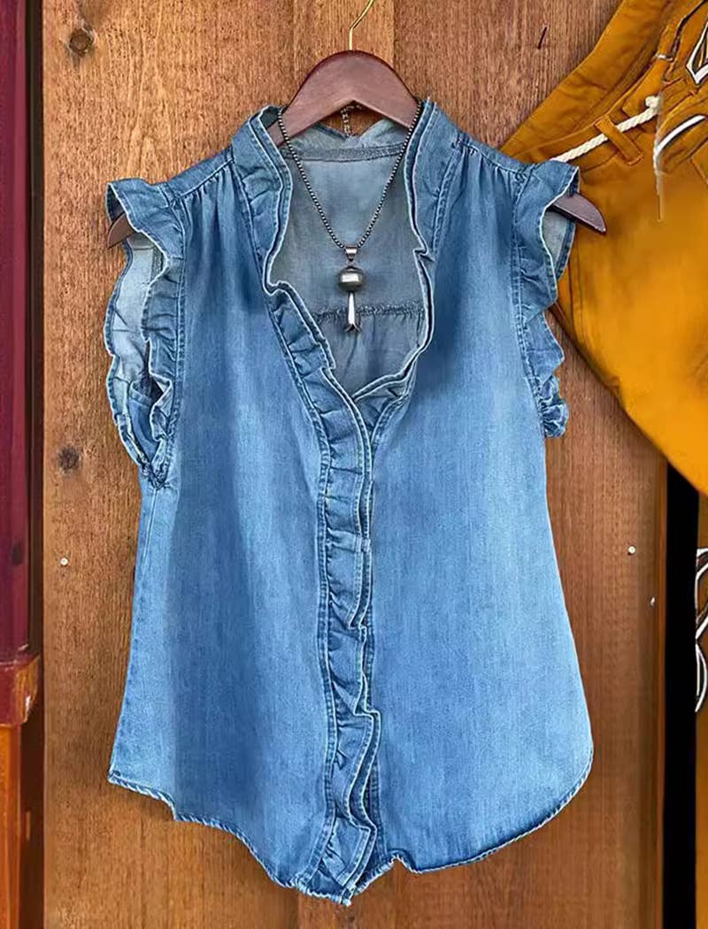 Ruffle Sleeve Denim Blouse: BLUE