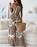 Fashionable Print Bandeau Waist-Cinching Jumpsuit: Khaki