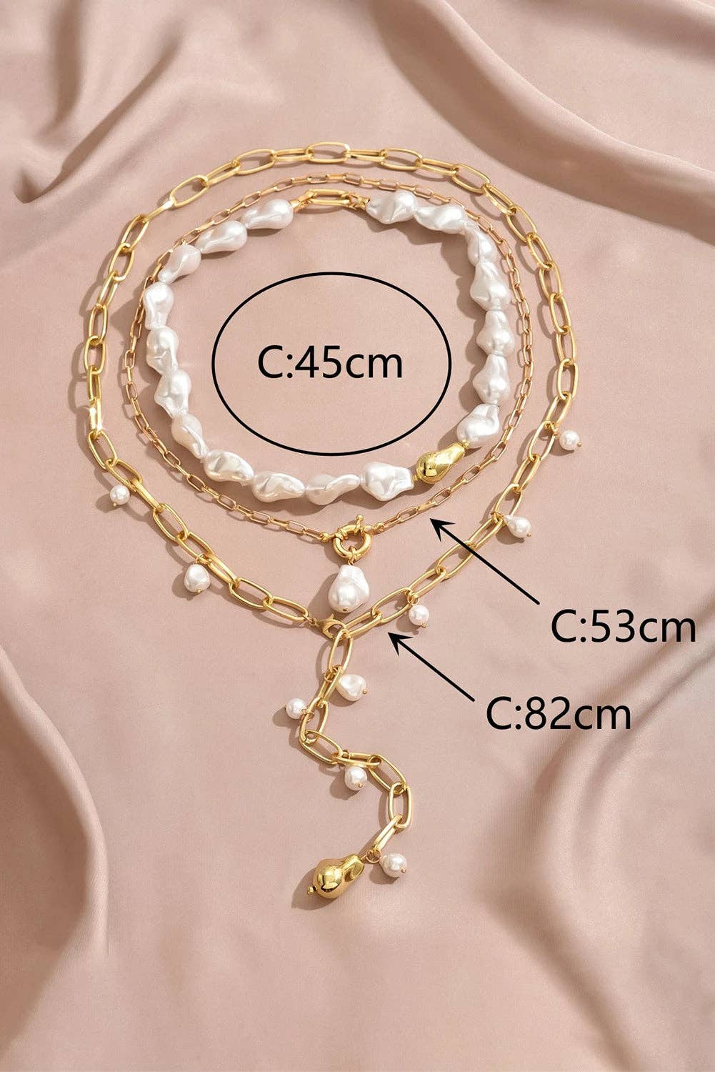Gold Alloy Plated Chain Baroque Pearl 3pcs Layered Necklace Set