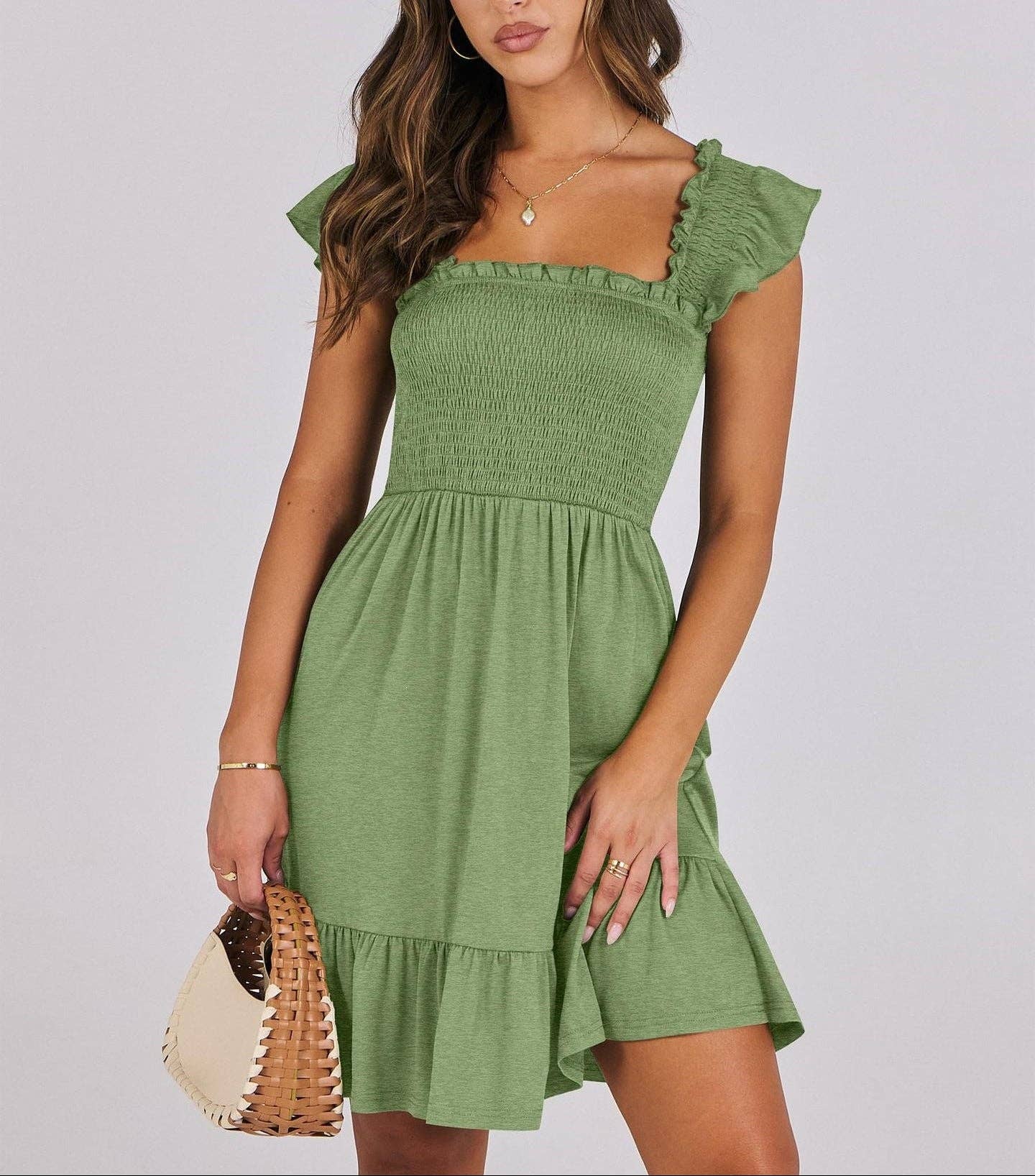 Smocked Square Neck Ruffle Sleeve Midi Dress: Bean Green