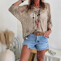 Knit V-Neck Diamond Cut-Out Batsleeves Blouse: Khaki
