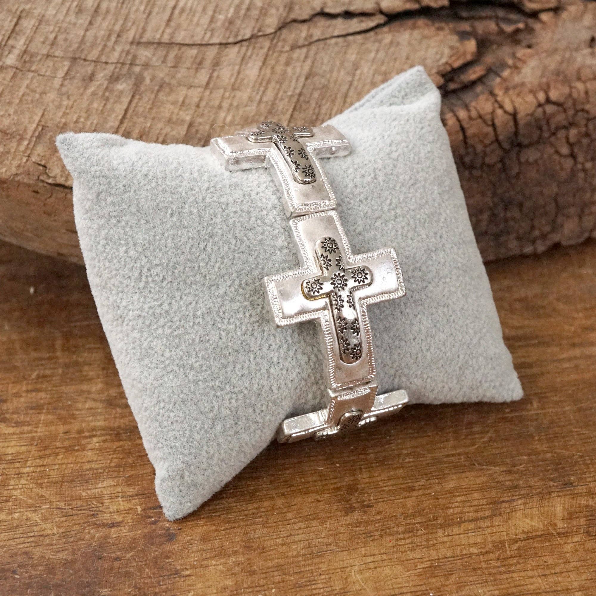Cross bracelet in Worn Silver Gold tone boho style: Worn Silver Tone