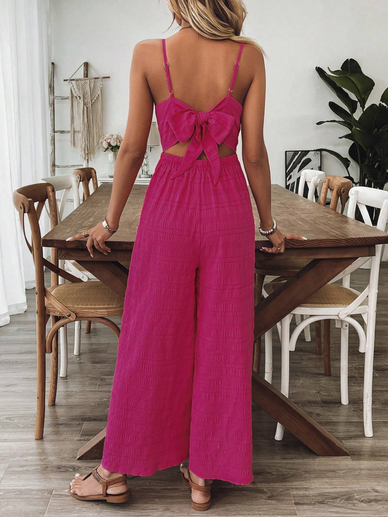 Fashionable Bow Backless Suspenders Wide Leg Jumpsuit: RoseRed