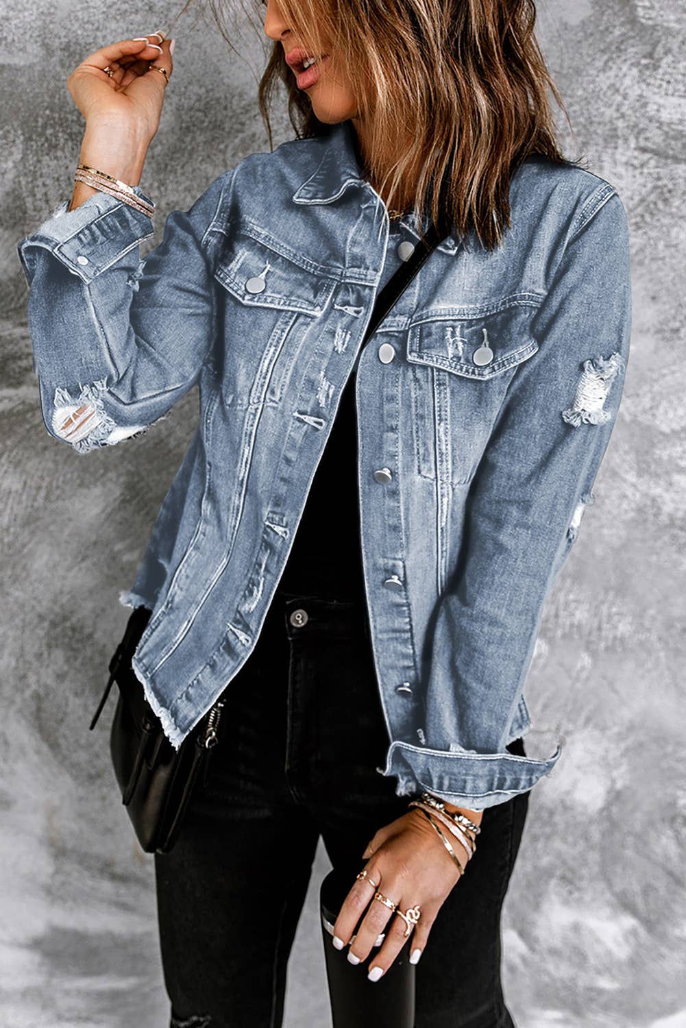 Lapel Distressed Raw Hem Buttons Denim Jacket: Sky Blue