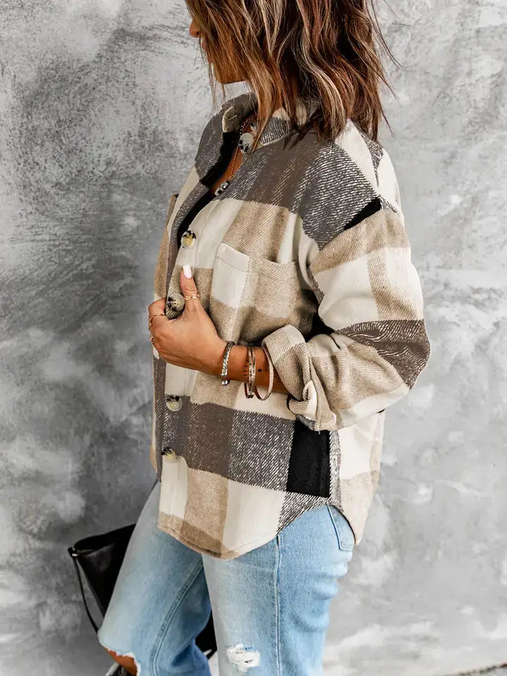 Buttoned Plaid Color Block Long Sleeve Jacket with Pockets