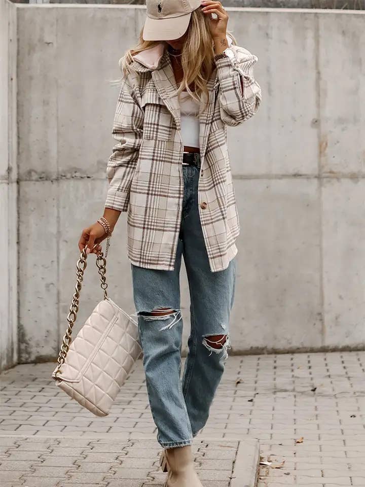 Khaki Plaid Shirt removable Hood Buttoned Shacket: Khaki