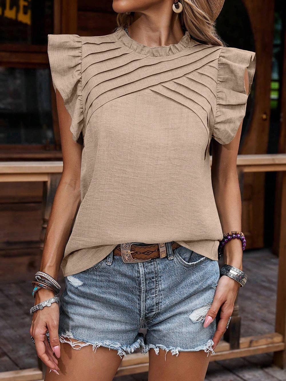 Ruffled Sleeve Pressed Pleated T-Shirt