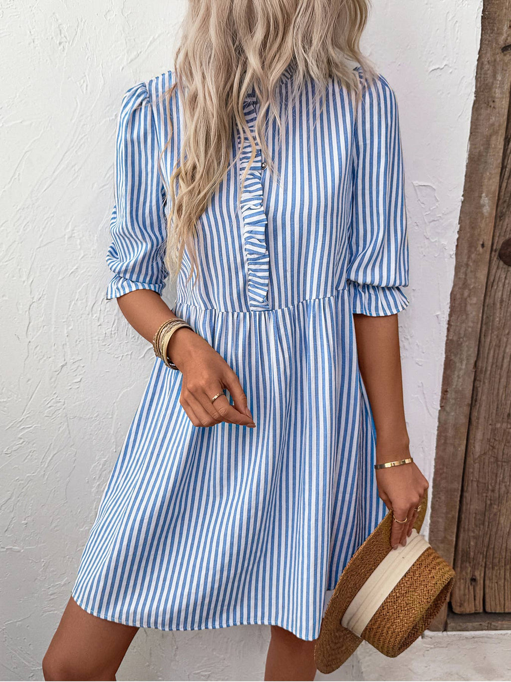 Lace Summer Vertical Stripe Shirt Dress: Blue