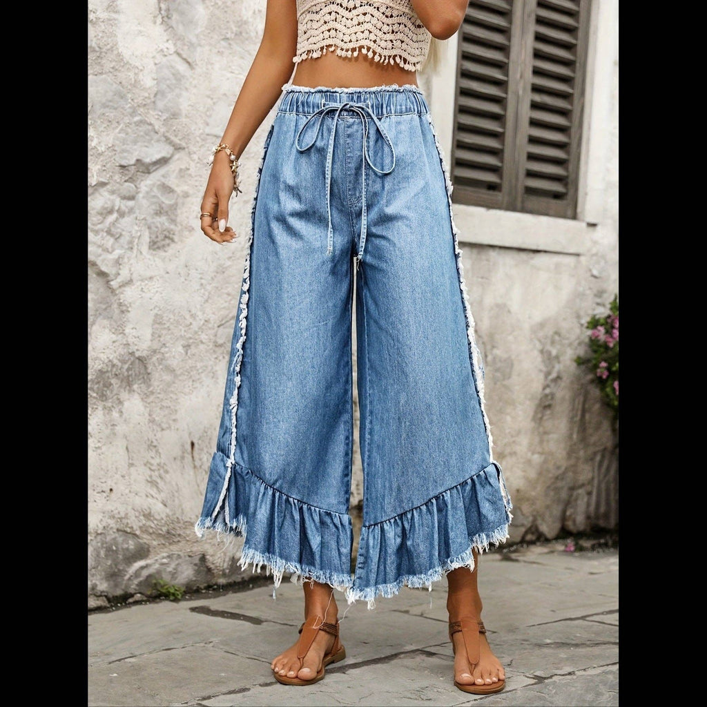 Women's Tie Drawstring Elastic Waist Wide Leg Jeans: Blue
