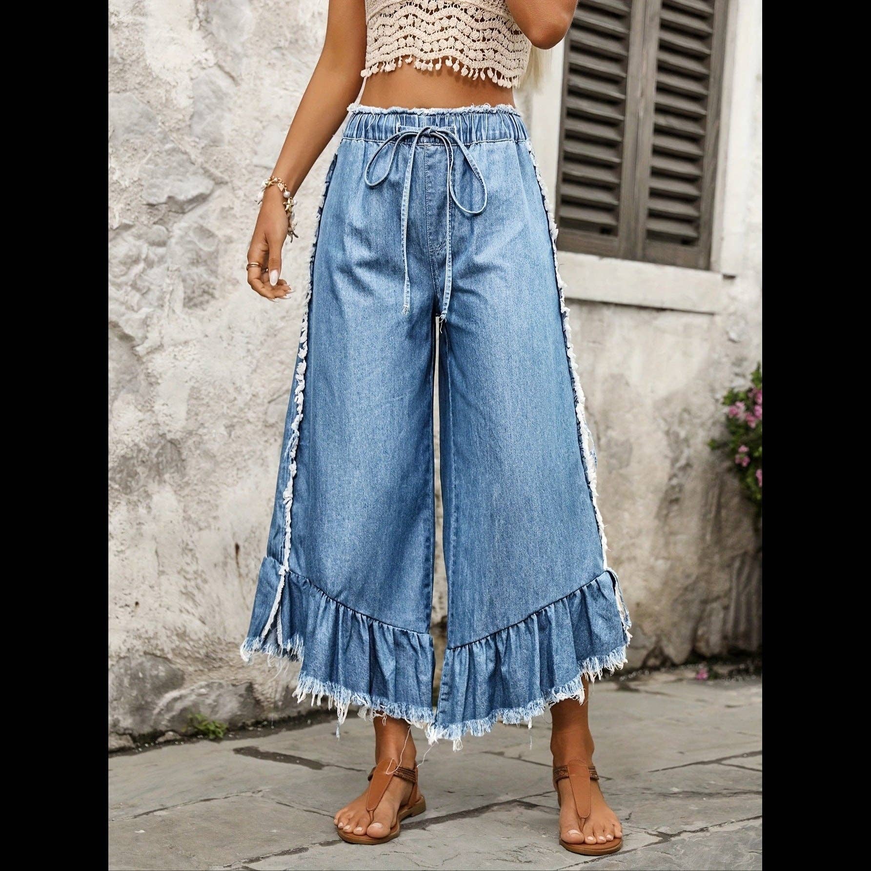 Women's Tie Drawstring Elastic Waist Wide Leg Jeans: Blue