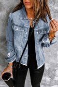 Lapel Distressed Raw Hem Buttons Denim Jacket: Sky Blue