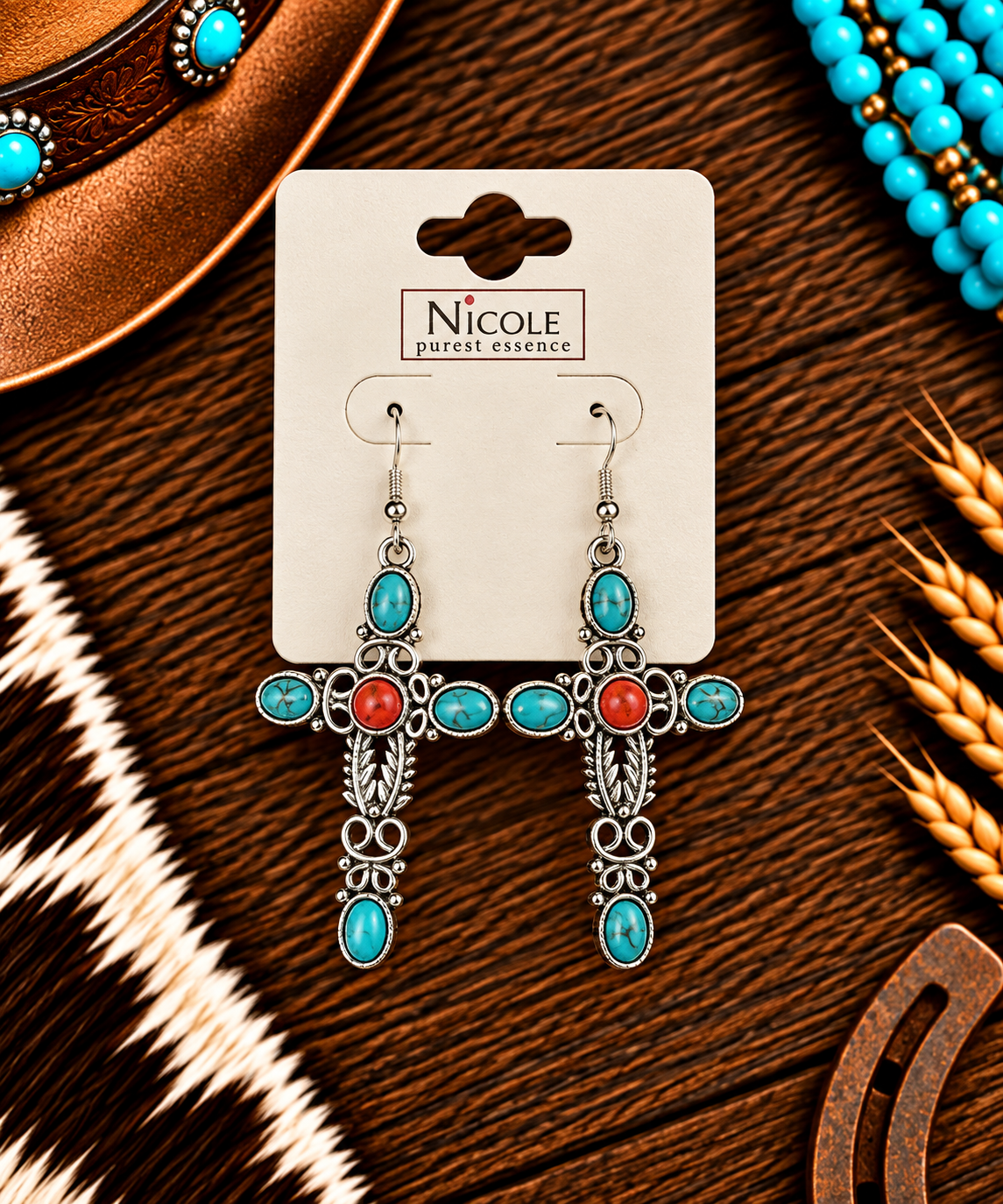 Turquoise & coral cross earrings