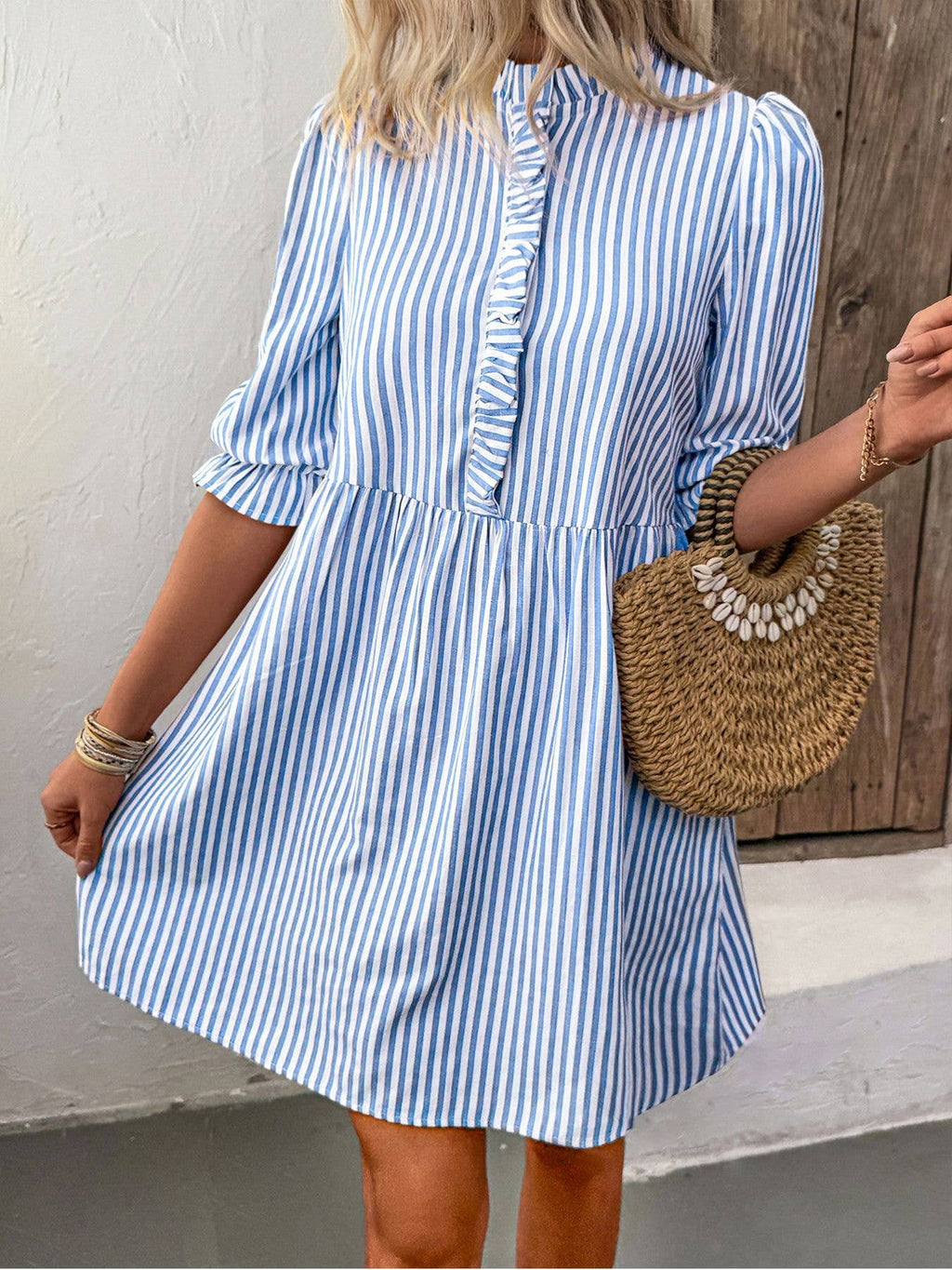 Lace Summer Vertical Stripe Shirt Dress: Blue