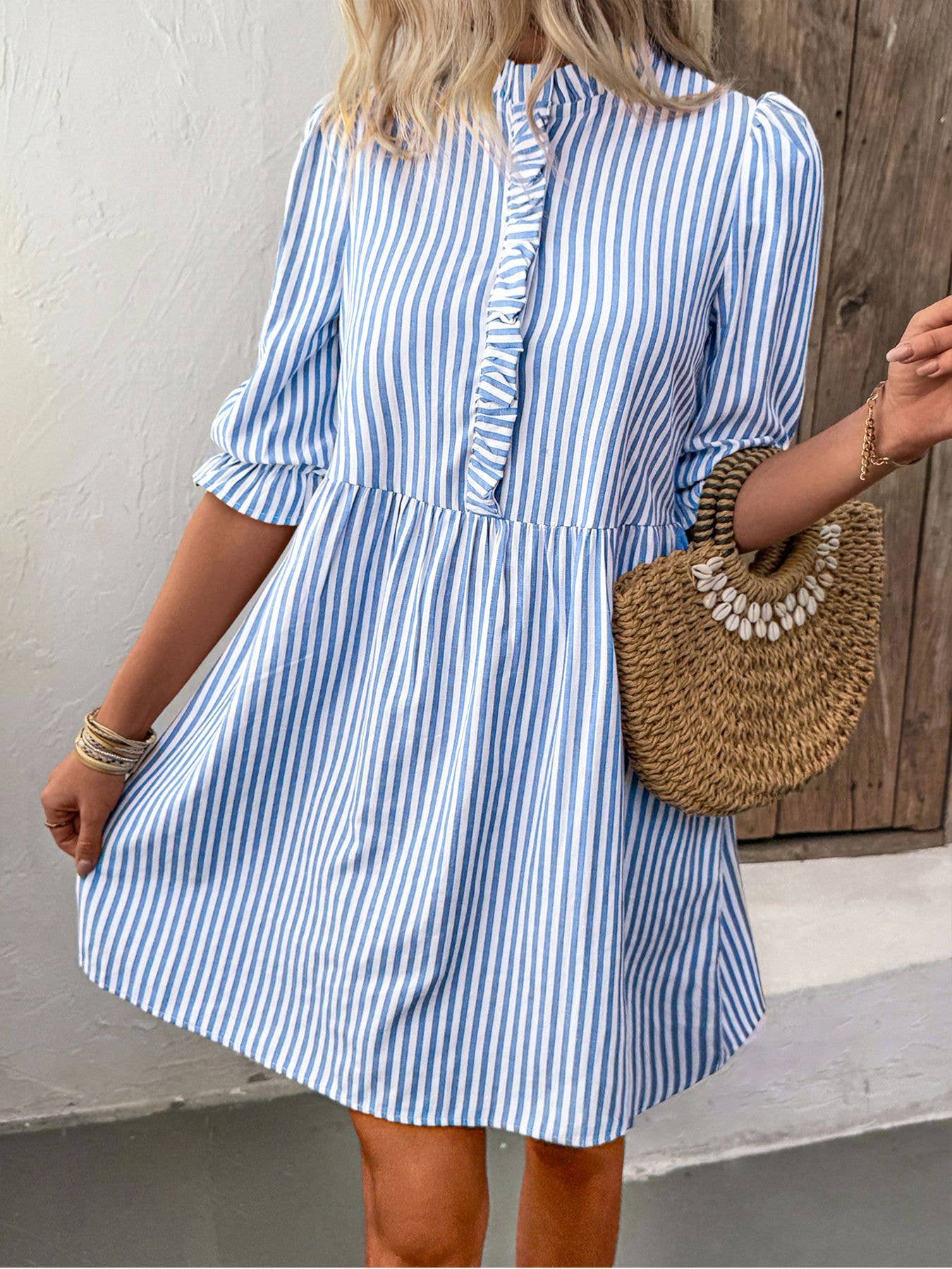 Lace Summer Vertical Stripe Shirt Dress: Blue