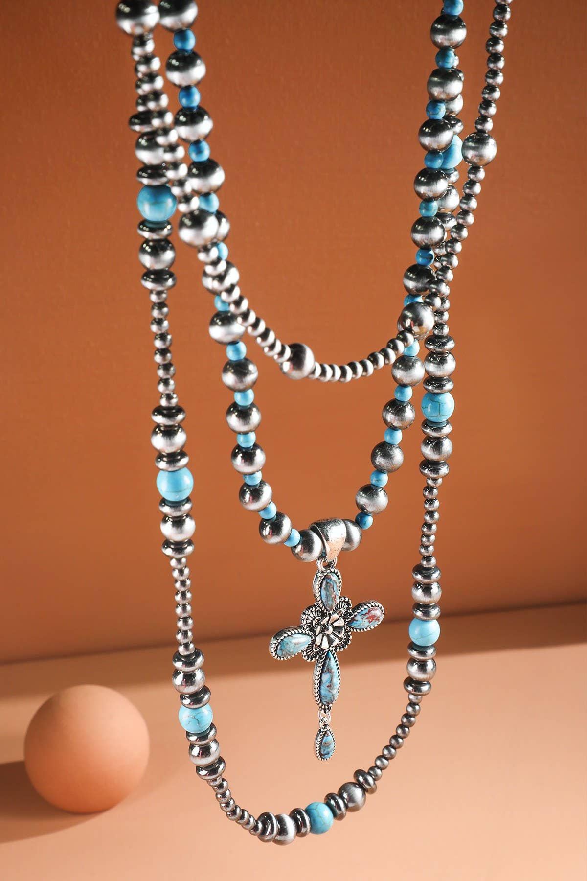Western Navajo 3 layered Cross Pendant Necklace: SBTQ-TURQUOISE