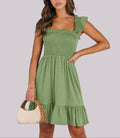 Smocked Square Neck Ruffle Sleeve Midi Dress: Bean Green