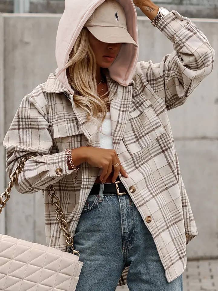 Khaki Plaid Shirt removable Hood Buttoned Shacket: Khaki