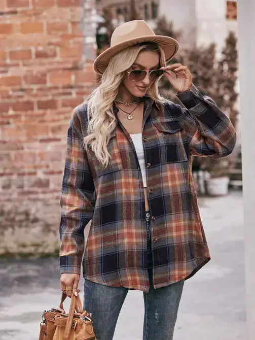 Plaid Shacket Women Oversized Button Down Shirt: Khaki / 100%Polyester