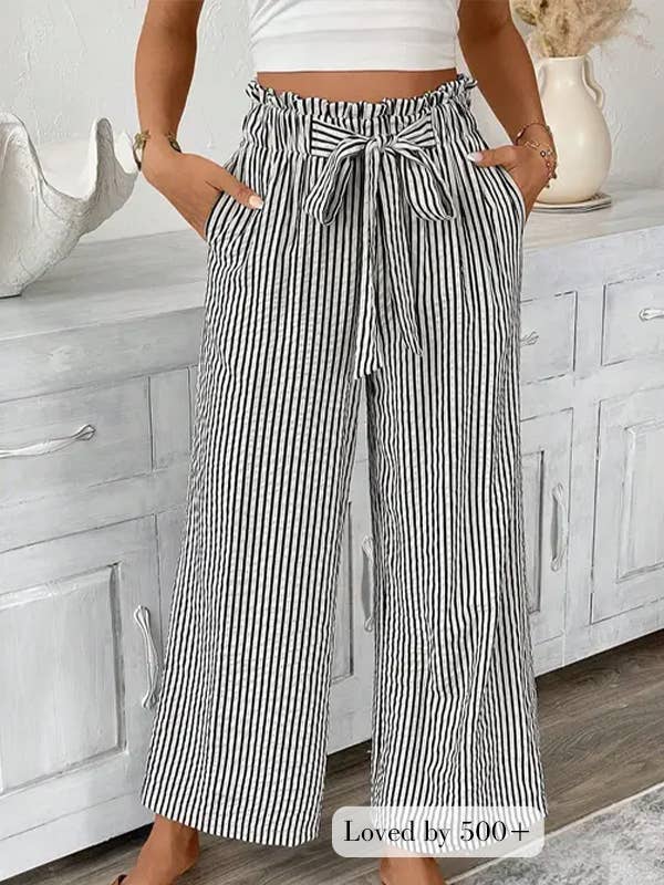 Black Stripe Tied High Waist Loose Straight Casual Pants