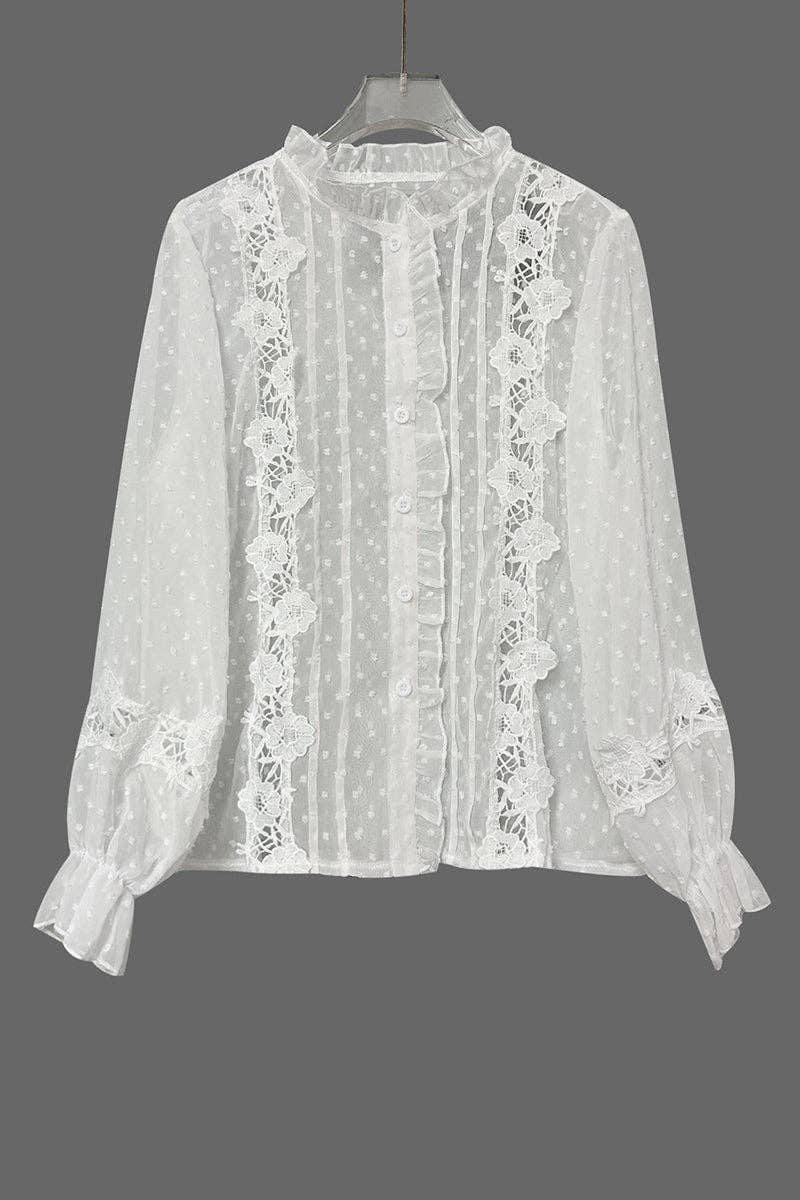 Elegant Lace Trim Blouse: WHITE