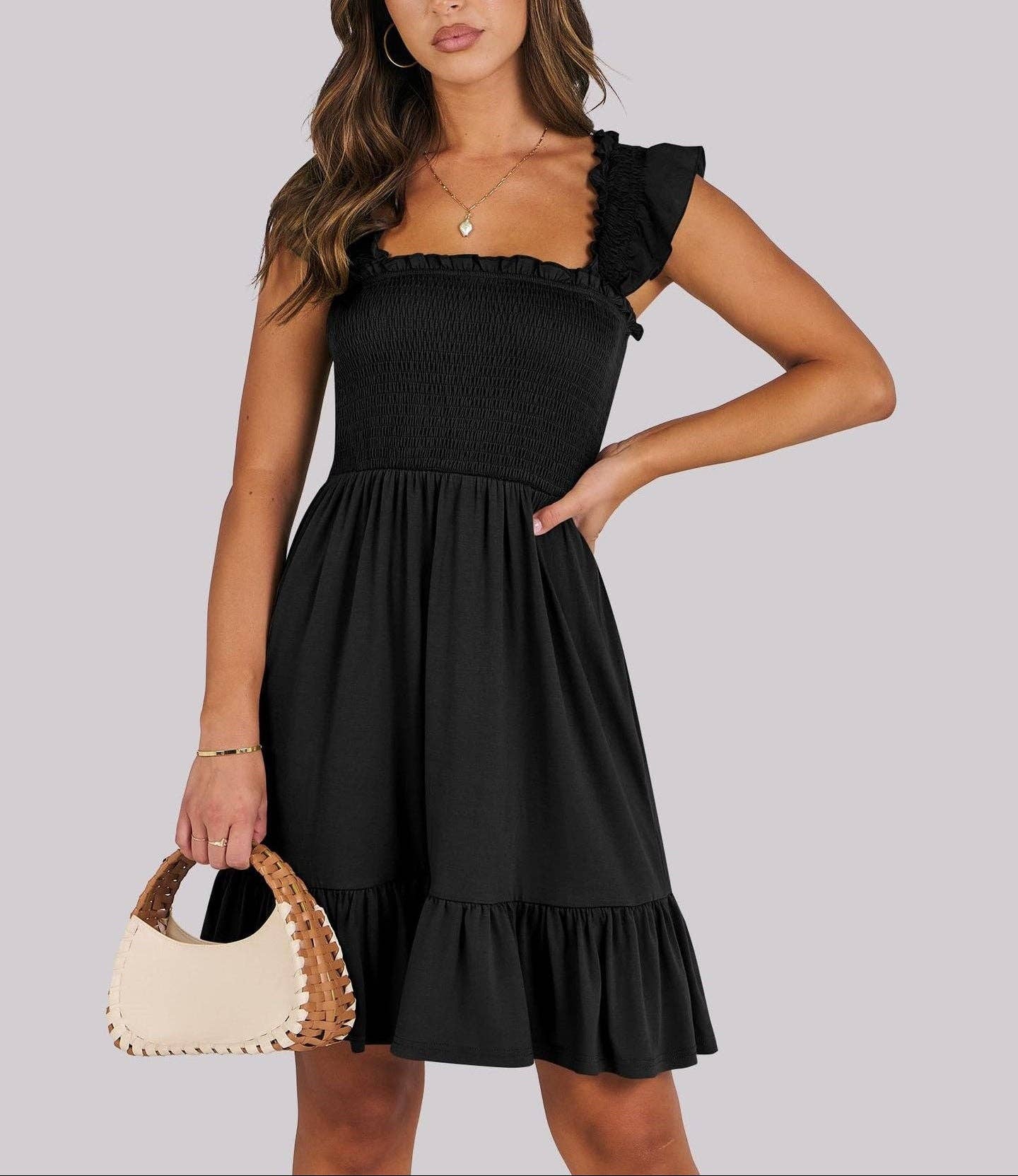 Smocked Square Neck Ruffle Sleeve Midi dress
