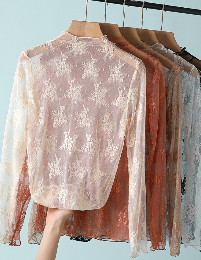 Floral Lace Sheer Mesh Layering see through Top: Beige