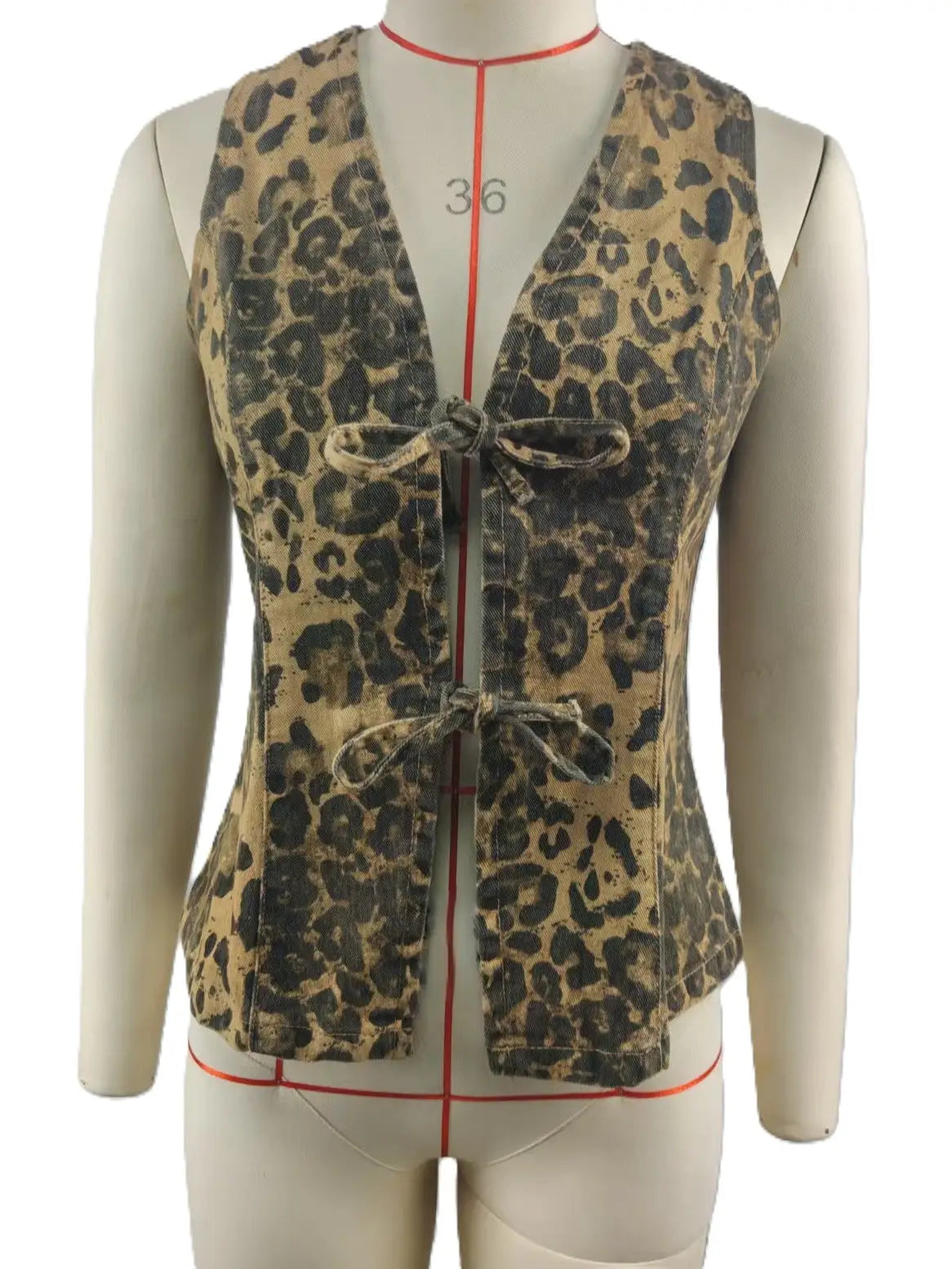 Basic Leopard Print Lace-Up Denim Vest
