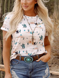 Beige Western Cactus Print Crew Neck Short Sleeve Top