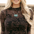 Black Western Rodeo Printed Mock Neck Long Sleeve Mesh Top