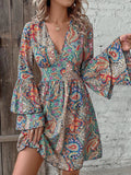 Bohemian Paisley Floral Print V-Neck Bell Sleeve Dress