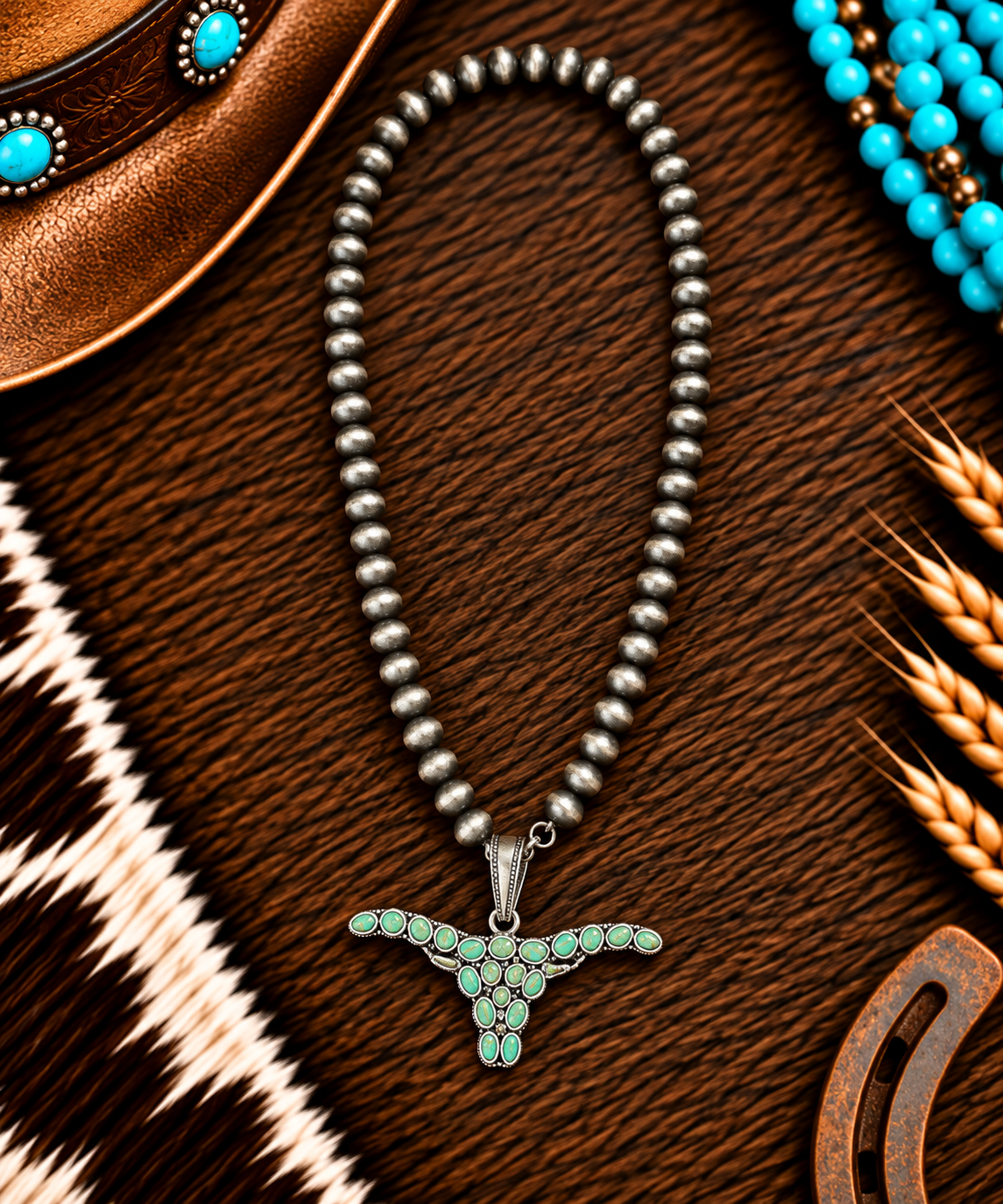 Light green turquoise oxen head with silver beads